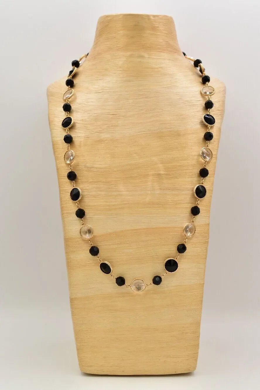 Vintage Open Bezel Crystal Necklace Beaded Black Clear Glass Heavy Chunky BinBJ